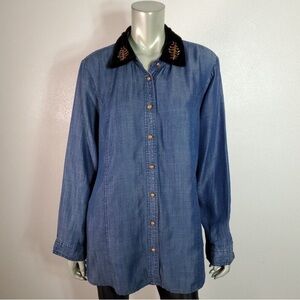 Soft Surroundings Top Size L Tunic Tencel Chambray Velvet Collar Beaded Blue